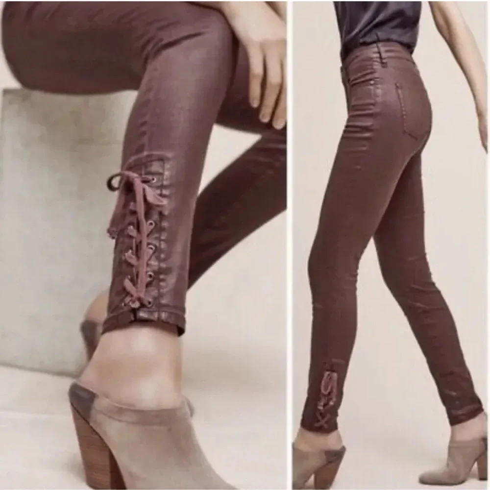 Pilcro and the‎ Letterpress faux brown leather skinny lace up leg pants Sz 25